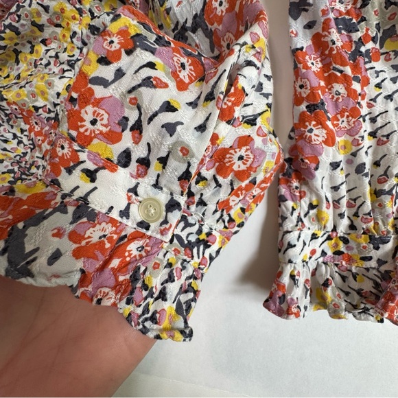LOFT Petite Floral Split-Neck Blouse Ruffle Hem Long Sleeve Small SP - Picture 10 of 15